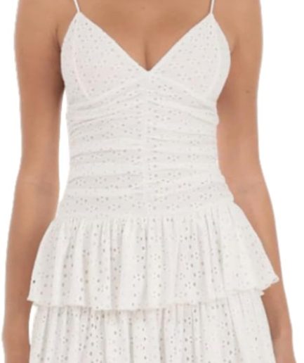 Women's Deep V-Neck Spaghetti Strap Casual Tiered Mini Dresses Summer Layer Ruffle Hem Short Dress