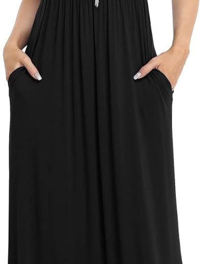 Women's Short Sleeve Loose Plain Maxi Dresses Casual Long Dresses with Pockets