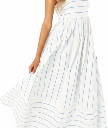 Women's Striped Back Smocked Maxi Dress Sexy Spaghetti Strap Cut Out Flowy Swing Long Dress