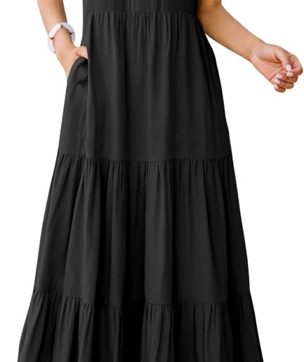 Womens Summer Casual Maxi Dress V Neck Ruffle Sleeve Long Dresses Fashion Flowy Tiered Boho Beach Vacation Sundress