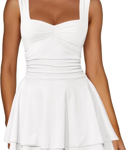 Women's Square Neck Sleeveless Mini Dress Ruched Waist Tiered Ruffle Hem A Line Short Dresses