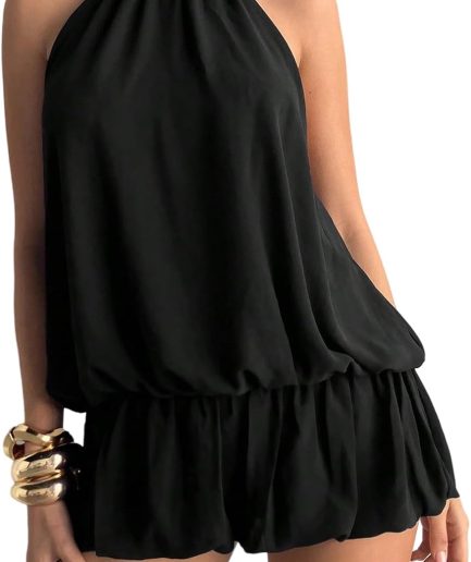 Women's Y2k Summer Halter Dress Tie Open Back Sleeveless Ruffle Hem Bubble Going Out Mini Dresses