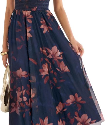 Womens Summer Floral Maxi Dress, A Line Tulle,Elegant for Wedding Guest & Beach Vacation,Flowy Casual Boho Outfits