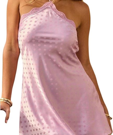 Women's Polka Dots Halter Neck Satin Mini Dress Backless Lace Trim Night Out Party Dresses