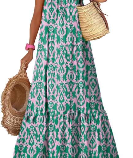 Women Summer Dresses 2026 Spaghetti Strap Scoop Neck Smocked Ruffle Flowy Boho Maxi Dress