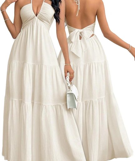 Women's Maxi Summer Dresses Halter V Neck Beach Dresses for Women A-Line Casual Dress for Vacation