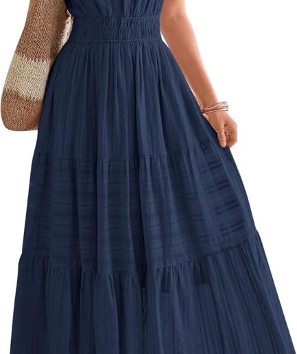 Womens Summer 2026 Casual Midi Maxi Dresses Lightweight Short Sleeve V Neck Elastic Waist Boho Beach Dress Pockets