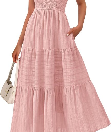 Women's 2026 Spring Boho Spaghetti Strap Dress Casual Sleeveless Smocked A Line Beach Sundress Long Maxi Dresses