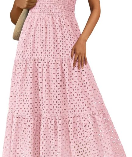 Womens 2026 Summer Maxi Dress Short Sleeve V Neck Hollow Out Eyelet A Line Long Flowy Beach Vacation Dresses